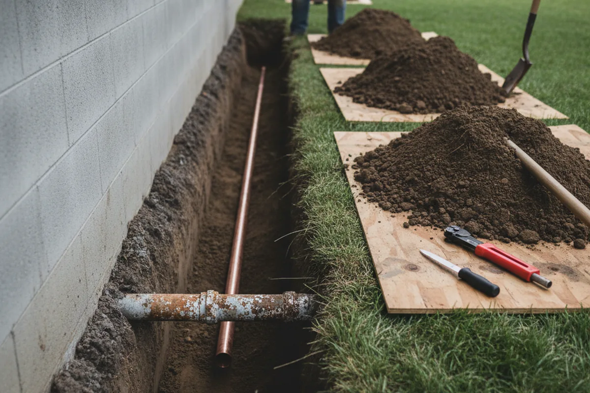 Excavated water line trench during Sewer Line Repair in Perry Hall